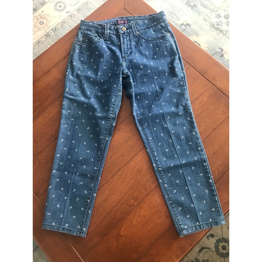 NYDJ Petite Blue Anchor Embroidered Straight Leg Jeans Size 2P Nautical Summer